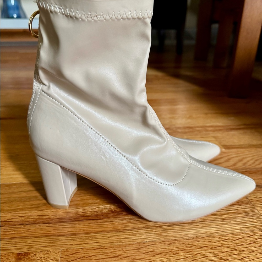 Cream Block Heel Ankle Boots